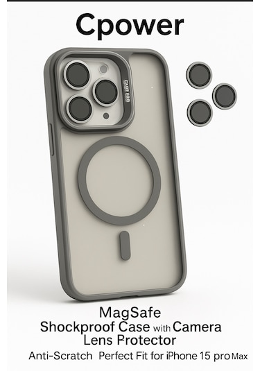 İphone 15 Pro Max Kılıfı, Kaliteli Kamera Lens Koruyucu Dahil, Magsafe Uyumlu Darbe Dayanaklı, 3 Renk Gri