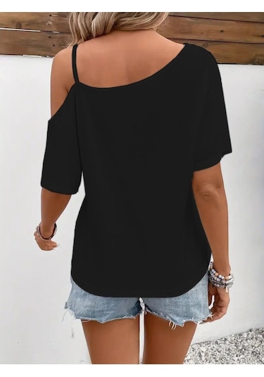 Kadın Tek Omuzu Açık Ip Askılı Baskılı Viskon Bluz Siyah