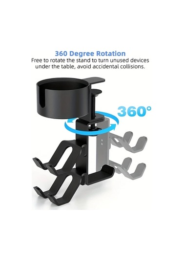 Xuweiwei Kwtoul Siyah Alüminyum Oyun Kumandası Tutucu 3ü 1 Arada Masa Bardak Tutucu 360 Derece Dönüşlü Kulaklık Standı Evrensel Uyumlu Siyah