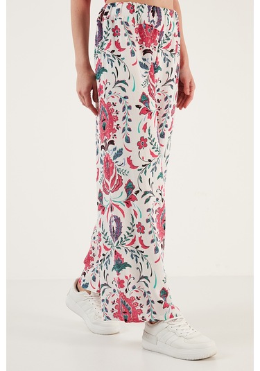 Lela Desenli Beli Lastikli Bol Paça Rahat Kesim Bayan Pantolon 5865217 Beyaz-Fuşya