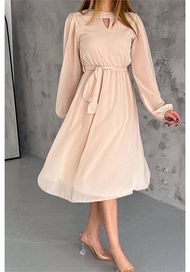 Neşeli Butik Kadın Bej Midi Boy Astarlı Şifon Elbise Nbkklf2027 Bej