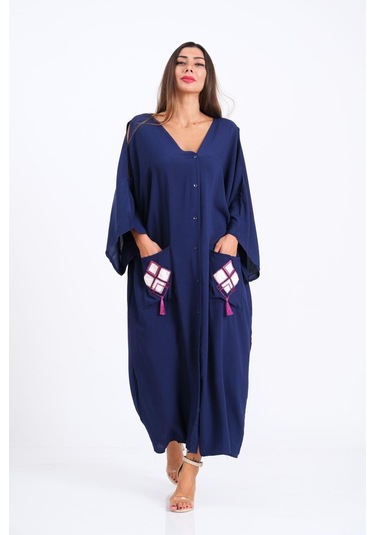 Kadın Lacivert V Yaka Omuzu Pencereli Cepleri Ve Sırtı Aplike Nakışlı Püsküllü Oversize Uzun Gömlek Elbise - Lacivert
