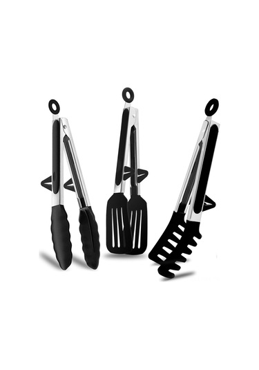 Honmex 3'lü Siyah Silikon Uçlu Paslanmaz Çelik Mutfak Kelepçesi, 23cm, Makarna-salat-bbq İçin Siyah