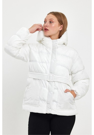 Alisse-kadın Ekru Kapüşonlu Kemerli Şişme Mont Kaban Ekru