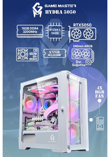 Game Master Hydra 5050 R5-5600 16 GB 512 GB SSD M2 RTX5050 Free Dos Masaüstü Oyuncu Bilgisayarı