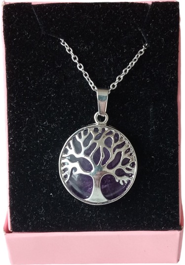 Ametist Doğal Taşlı Hayat Ağacı Çelik Kolye - Kadın Mor