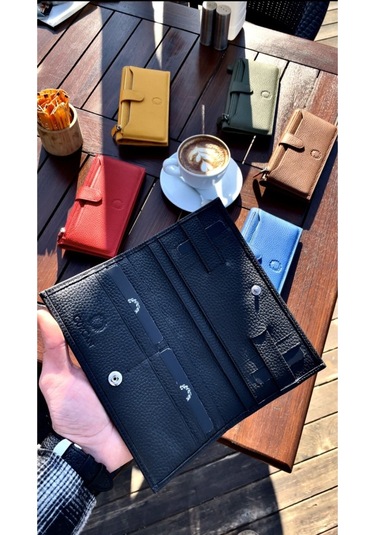 Mat Black Peony Hakiki Deri Telefon Cüzdanı Siyah