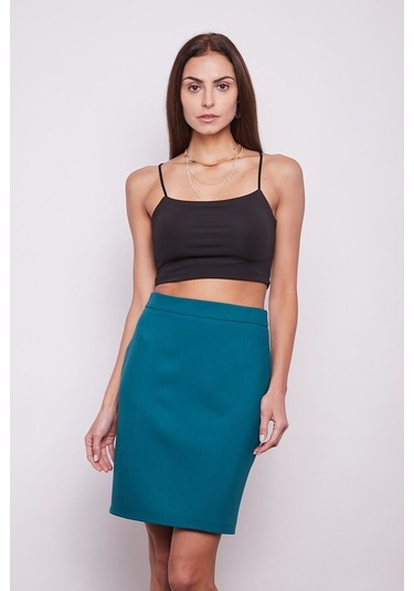 Yüksek Bel Diz Üstü Likralı Pamuklu Şık Kumaş Kalem Etek-Petrol