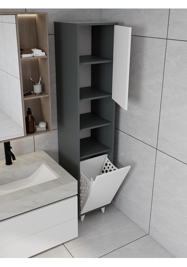 Riva Çamaşır Sepetli Banyo Dolabı Koyu Gri Renk