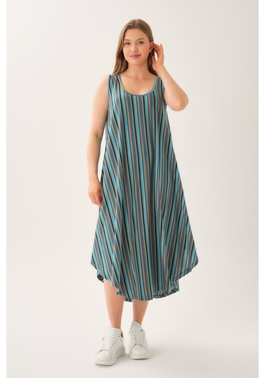 Asimetrik Kesim Çizgili Kolsuz Elbise Yeşil