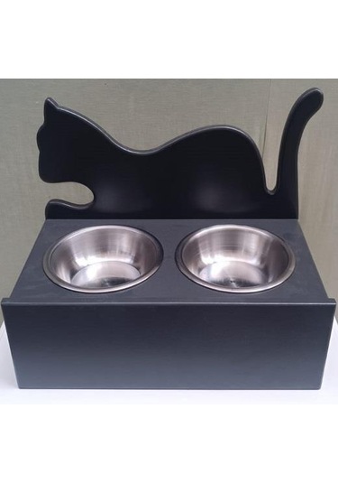 Hobi Erc Model 90375 Küçük Kedi Mama Su Kabı Mdf Antrasit Renk Paslanmaz Tabak