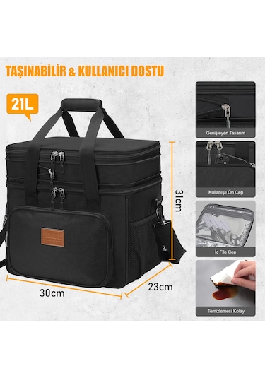 Haegs Körüklü Termal Termos Çanta, Çift Bölmeli, Genişleyebilen Soğuk Sıcak Tutucu Yalıtımlı Beslenme Çantası, Soğutucu Buzluk Yemek Taşıma Çantası 21l - Siyah