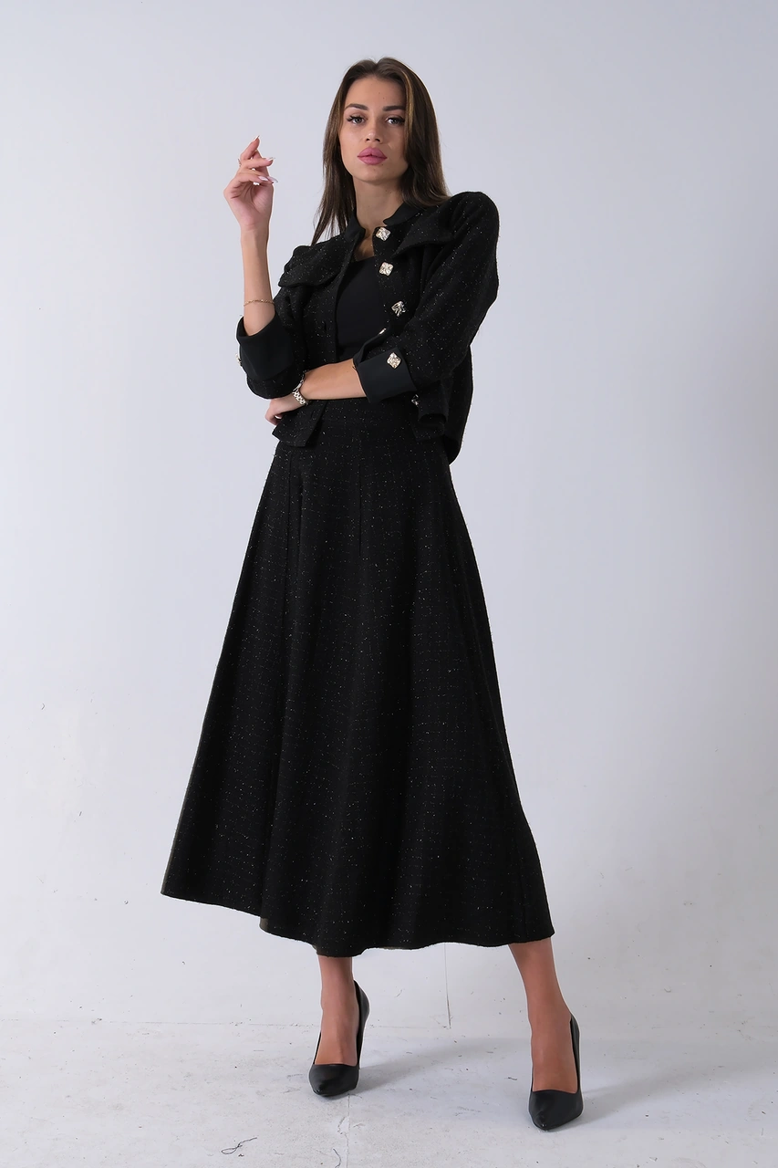 Feminist Siyah Önü Düğme Kapamalı Crop Ceket Etekli Tüvid Takım 45950601.01 Siyah