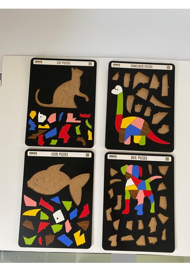 Dinozor, Kedi, Köpek Ve Balık Sevimli Hayvanlar Puzzle 4'Lü Set