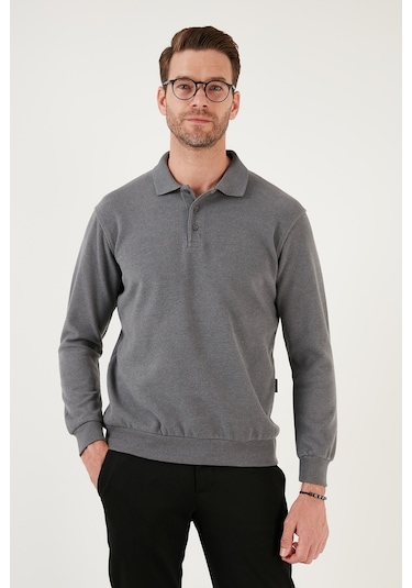 Buratti Pamuk Karışımlı Regular Fit Erkek Polo Yaka Kazak 456223 Koyu Gri