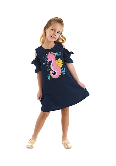 Denokids Mushi Denizatı Unicorn Kız Çocuk Elbise Lacivert