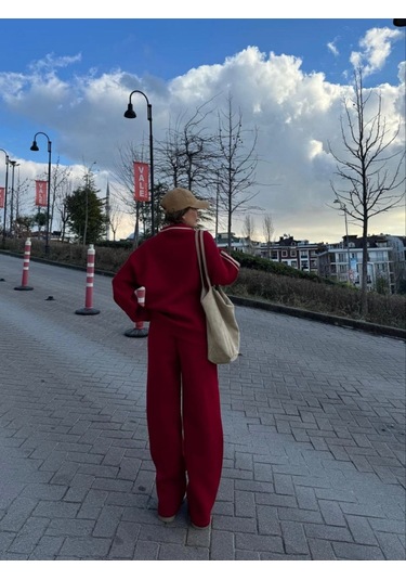 Modaserdem Üç İplik Yakalı Sweat Baggy Pantalonlu Takım - Bordo Bordo