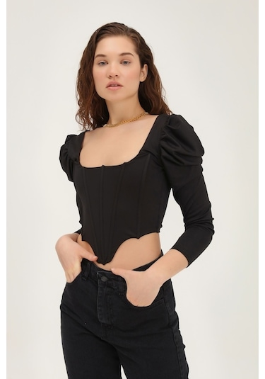 Sırt Bağlamalı Balon Kol Bluz Siyah