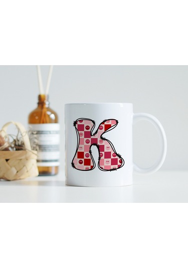 K Harfi Pembe Kareli Kalpli Göz Emojili Kupa Bardak Eğlenceli Kareli Tasarım Kahve Çay Kupası 07 Beyaz