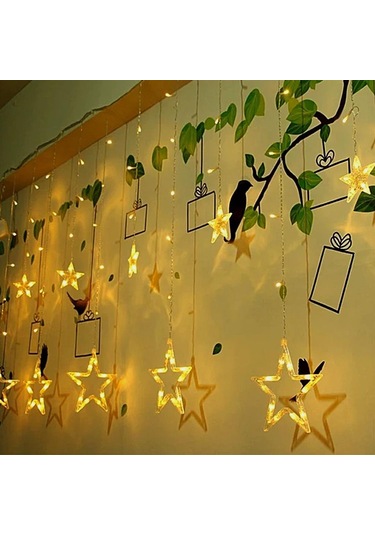 Led Perde Fişli Dekoratif Yıldızlı Saçaklı 12 Adet Yıldız