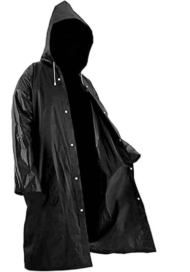 Su Geçirmez Eva Kumaş Yağmurluk Siyah Kapşonlu Çıtçıtlı Yağmurluk Siyah