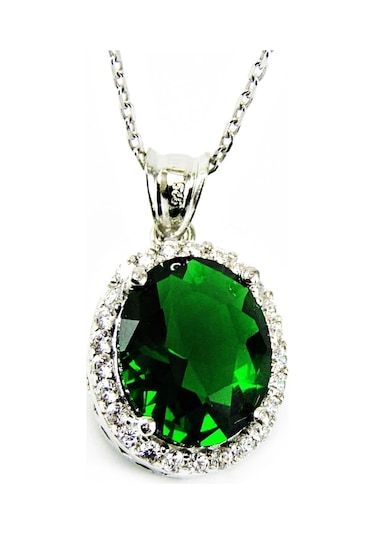 Gümüş Oval Zümrüt Yeşili Kolye