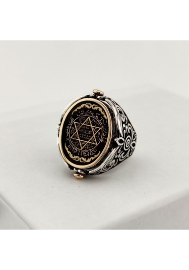 925 Ayar Gümüş Mineli Çift Taraflı Mührü Süleyman Erkek Yüzük Silver