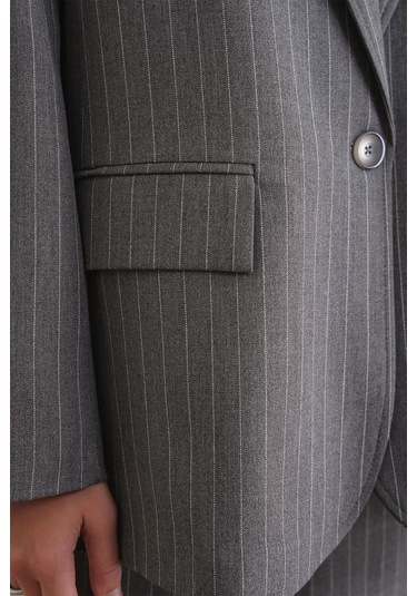 4753 Kadın Çizgili Oversize Blazer Ceket Gri Gri