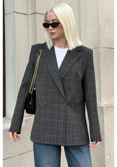 Antrasit Kareli Kadın Blazer Ceket Mg2624 Antrasit
