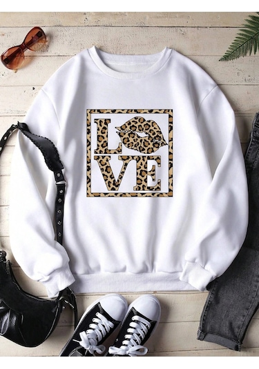 Startmore Leopard & Letter Graphic Lined Sweatshirt Beyaz Beyaz