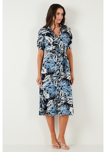 Lela Desenli Relaxed Fit Balon Kol Yırtmaçlı Kemerli Midi Boy Bayan Elbise 67810558 Saks