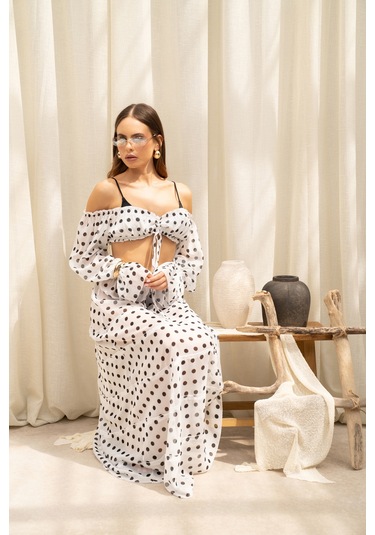 Mai Collection Samos Puantiyeli Ekru Crop Etek Takım