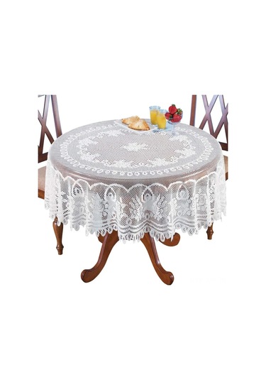 Mufunye Vintage Çiçek Desenli Makinede Yıkanabilir Yuvarlak Masa Örtüsü - 180x180cm Beyaz Beyaz