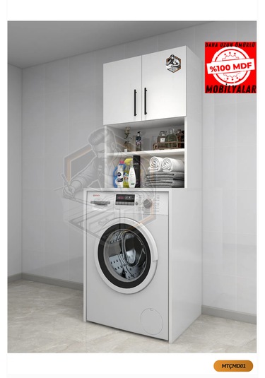 Tamamı Mdf Açık Raflı ve Kapaklı Çamaşır Makinesi Dolabı Beyaz