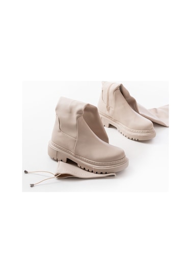 812-2194 Bej Fermuarlı Diz Üstü Bağcıklı Çorap Günlük Kadın Çizme Resimdeki Renk