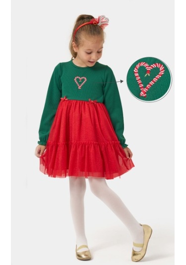 Kız Çocuk Fitilli Fiyonklu Yılbaşı Elbisesi Nbk-24920 Yeşil