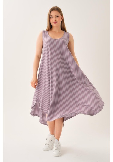 Asimetrik Kesim Çizgili Kolsuz Elbise Lila