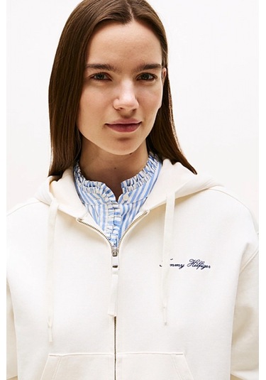 Tommy Hilfiger Kadın Yazı Baskılı Pike Fermuarlı Kapüşonlu Beyaz Sweatshirt Ww0ww45742ya8 Beyaz
