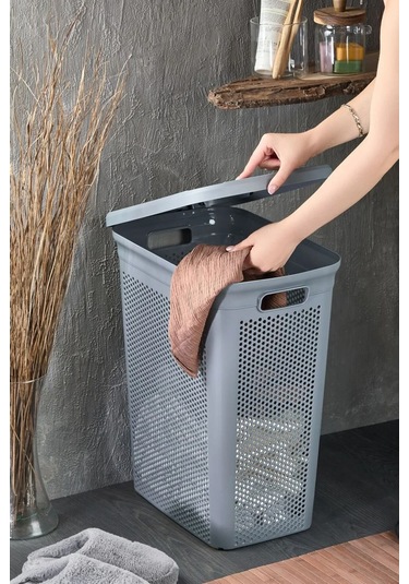 İronika Slim İki Bölmeli Kapaklı Dekoratif Kirli Çamaşır Sepeti 90 Litre Gri - Beyaz Gri