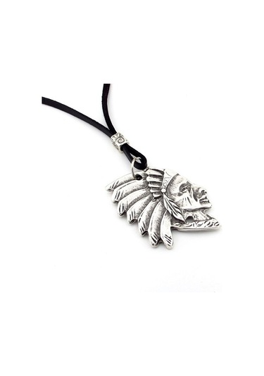 Solfera Kızılderili Şef Ulu Manitu Siyah Deri Metal Erkek Kolye Q0593 Beyaz