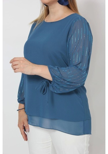 3243 Kolu Taş Baskılı Şık Bluz İndigo Indigo