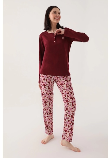 Arnetta 2638 Uzun Kol Kadın Pijama Takımı Kızıl Kahve V1 Kızıl Kahverengi