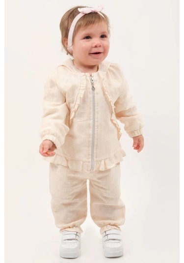3'lü Fırfırlı Kız Bebek Takımı Hırka + Üst + Alt - 9-18 Ay Bej
