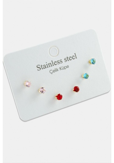 6 Adet Yuvarlak Renkli Zirkon Tek Taşlı Çelik Küpe 0395 Gümüş