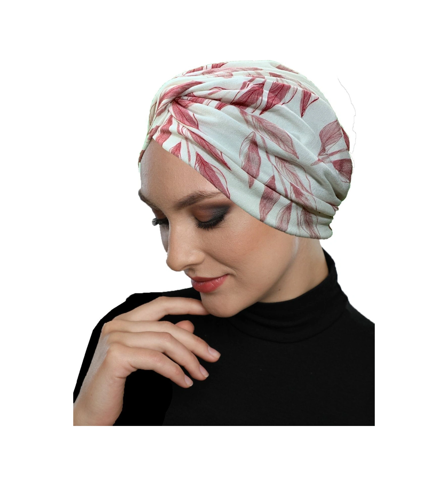 Desenli Çapraz Penye Krem-bordo Desenli Hazır Türban Tesettür Havuz Bonesi Krem-bordo