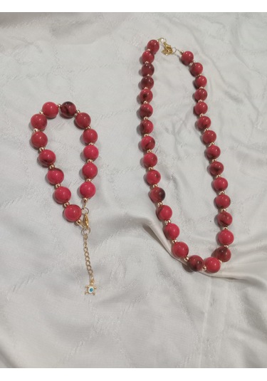Kırmızı Yuvarlak Kolye Ve Bileklik Takımı Kırmızı