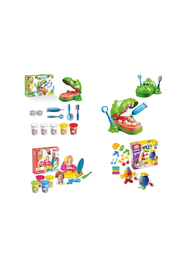 Dinozor Dişçi Oyun Hamur Set + Kuaför Oyun Hamur Seti + İnsan Fi