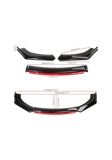 4 Parça Ön Lip Universal Ön Tampon Eki Piano Black Kırmızı Renk