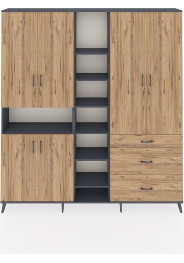 Arges Dolap 13 Raflı 3 Çekmeceli 6 Kapaklı 220x30x243 Antrasit-çam/çam Atlas Çam/atlas Çam
