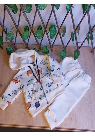 Erkek Çocuk Bebek Dinazor Desenli Kapşünlu Ve Fermuarlı 2 Li Takım-642 Krem